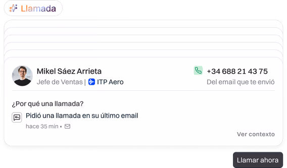 Recommended action card in Neety: suggested call to Mikel Sáez Arrieta with the context on why to call